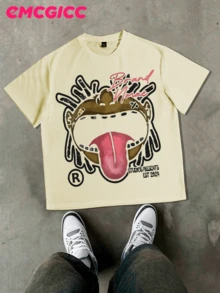 EMCGICC Y2k, TRUST NO BITGH EVER, Fun Patterns, Men's Summer Short Sleeved Pure Cotton Comfortable And Breathable Outdoor Street Round Neck T-Shirt, High-Quality Fashion Brand, A Surprise Gift For Family And Friends. - 米色 - 查看 2