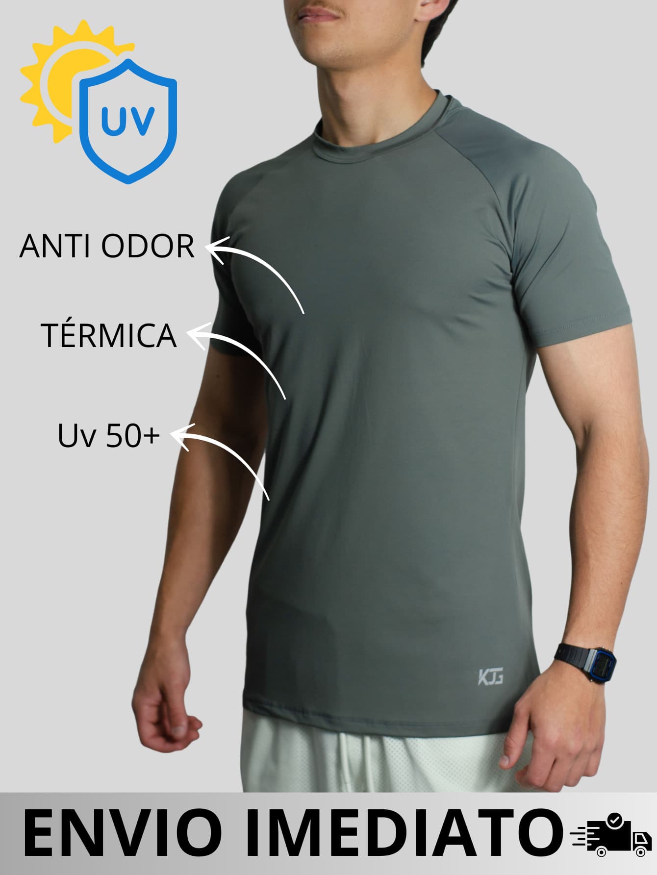 Thermal Polyamide T-Shirt Short Sleeve Anti-Odor UV50+ Protection Men's Raglan Fit Gym Training Running Second Skin - Gris - Añade 7