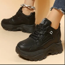 女士隐形坡跟运动鞋 2025 春秋新款时尚百搭低帮厚底休闲运动鞋 - 黑色 - 查看 10