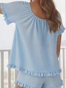 Women's Summer Lounge Set Short Sleeve Scoop Neck Ruffle Trim Tops Shorts Sleepwear - 藍色 - 查看 6