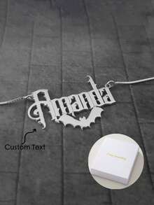 A Personalized And Bat Name Necklace, Happy Halloween Bat Jewelry, Name Pendant With Bats, Customized Vampire Bat Name Pendant, Silver Bat Name Necklace, Classic And Timeless, Party Banquet Wedding Beach Vacation Jewelry - Silver - View 1