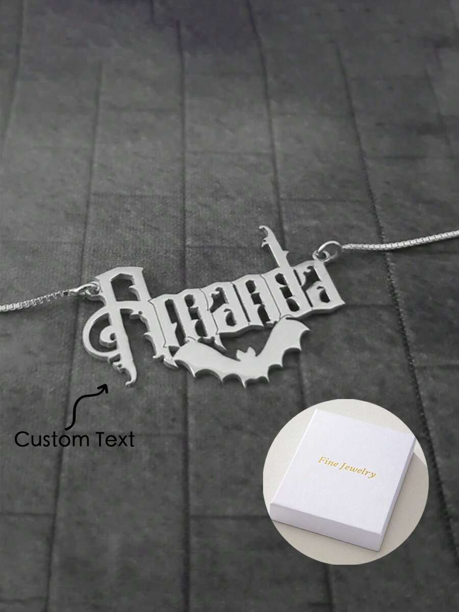 A Personalized And Bat Name Necklace, Happy Halloween Bat Jewelry, Name Pendant With Bats, Customized Vampire Bat Name Pendant, Silver Bat Name Necklace, Classic And Timeless, Party Banquet Wedding Beach Vacation Jewelry - Silver - View 1