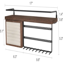 Mkono Hanging Jewelry Organizer Wall Mounted Jewelry Organizer Necklace Holder With Rustic Wood Shelf, Ring Display Box, Ear Studs Earring Holder Bracelet Organizer