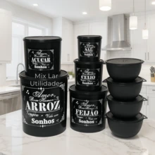 Kit Potes Para Mantimentos Cozinha Plástico 9 Peças Decorado - Preto - Visão 2