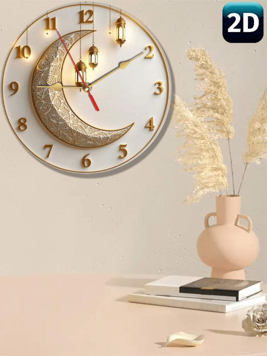 Horloge murale élégante de 10 à 12 pouces avec croissant de lune et lanterne - Mouvement à quartz silencieux, horloge en bois, parfaite pour la décoration intérieure spirituelle, les célébrations de fêtes et les idées de cadeaux, décoration de la maison