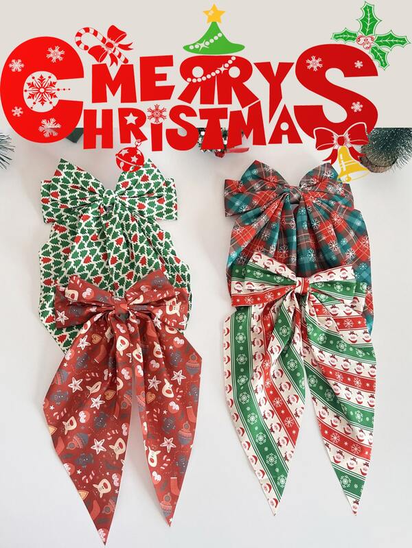 1pc/4pcs Christmas Bow Hair Clips, Made Of Polyester Fiber, Soft And Springy Clips, Designs Include Santa Claus, Snowflake, Reindeer, Christmas Tree, Party Decorations, Hair Accessories, Bows, Hair Clips, Christmas Gifts, Christmas Decorations, Cute And Festive, Length 11.8in, Width 6.3in, Multiple Styles, Popular On Platform, New Arrival