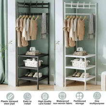 Lislark Eckgarderobe Metall Kleiderstange Schuhregal mit 3 Ablagen 10 Haken 43x43x178cm,Garderobenständer 10 haken Schuhregal Sitzfläche Stahlrohr Flurgarderobe Eck - Weiss - Übersicht 1