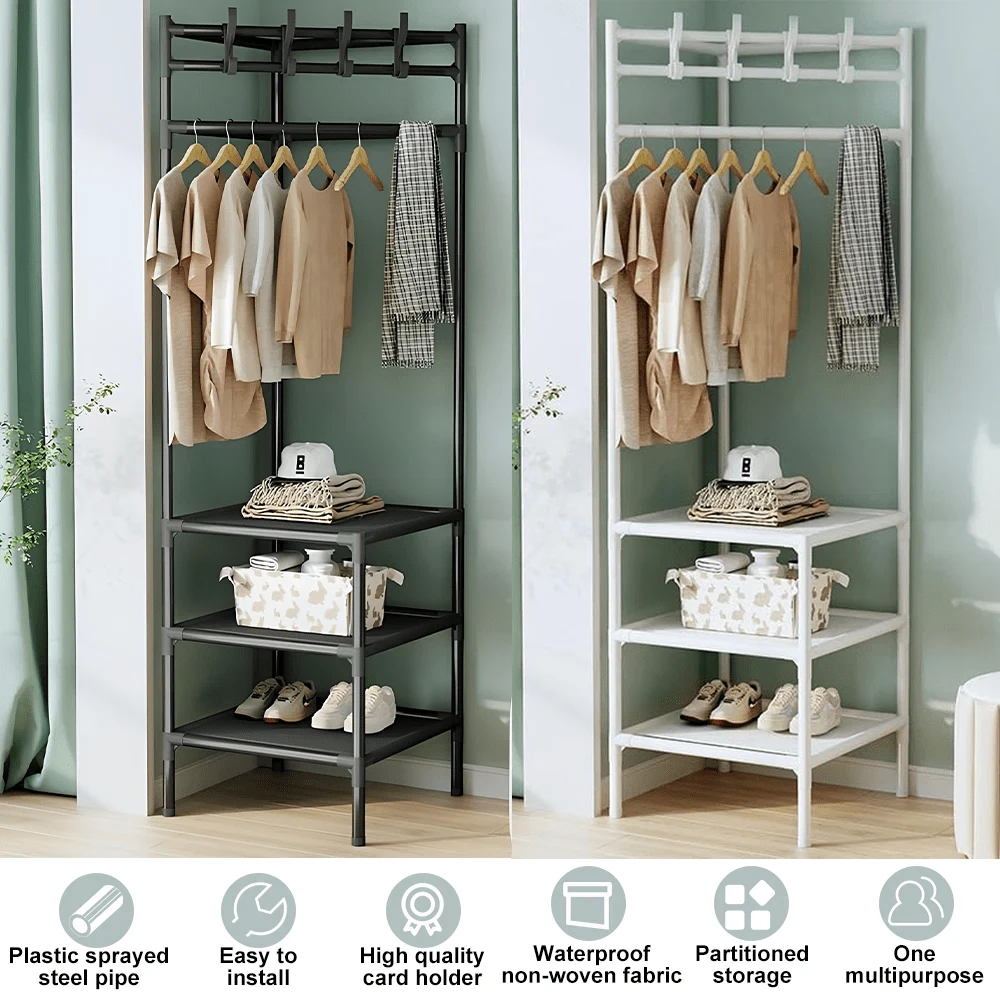 Lislark Eckgarderobe Metall Kleiderstange Schuhregal mit 3 Ablagen 10 Haken 43x43x178cm,Garderobenständer 10 haken Schuhregal Sitzfläche Stahlrohr Flurgarderobe Eck - Weiss - Übersicht 1
