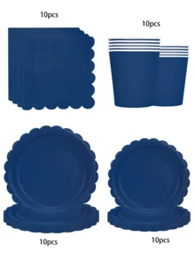 10pcs/20pcs/50pcs/80pcs Navy Blue Plates Cups Napkins Tableware Kit Navy Blue Party Supplies Inlcudes Scalloped Plates Napkins Cups Dinnerware Set For Birthday Wedding Picnic Decorations - Multicolor - View 10
