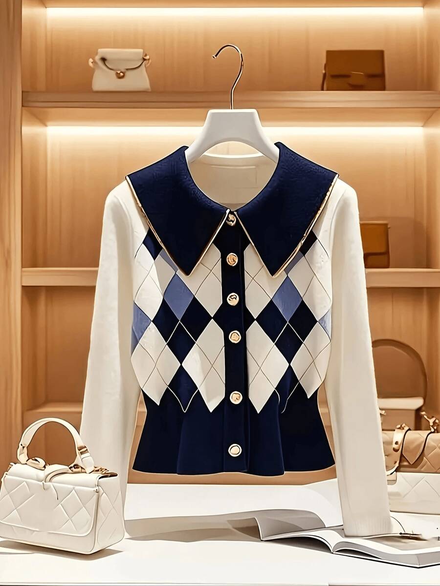 Áo khoác cardigan dệt kim hình thoi cỡ lớn dành cho nữ, cổ áo cài nút phía trước, tay dài kiểu dáng thông thường, chất liệu dệt kim co giãn vừa phải, kiểu dáng cổ điển đa năng, phù hợp cho đi làm hàng ngày, áo len mùa thu đông dành cho nữ màu trắng. - trắng - Xem 1