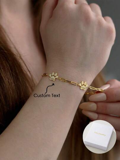 Cute Cat/Dog Paw Print Customized Stainless Steel Paperclip Bracelet, Can Engrave 1-3 English Names, Personalized Minimalist Cat/Dog Paw Print Bracelet, Pet Name Bracelet, Mother's Day Birthday Gift, Ideal For Pet Lovers