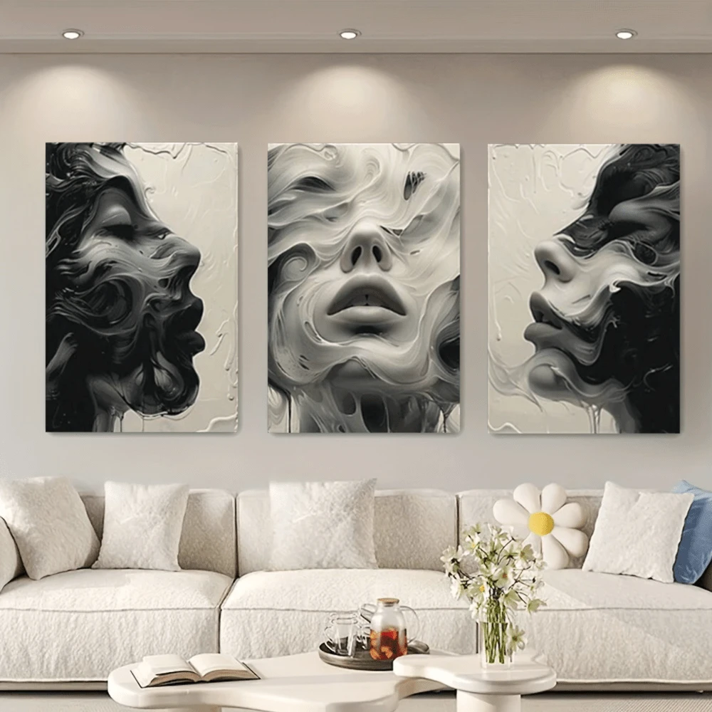 3 件/套帆布画 - 无框、抽象女性面孔、海报和印刷品、客厅、图书馆、办公室、咖啡厅、酒吧、抽象艺术、完美的生日、节日礼物、情人节、复活节彩蛋