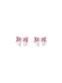 1 Pair S925 Sterling Silver Bowknot Zirconia Stud Earrings, Gold, Silver, White/Pink/Purple Diamonds, Delicate Chic Everyday Wear Suitable For Students, Hypoallergenic, Comes With Elegant Gift Box, Great For Valentine's Day - Pink Diamond Silver Bow - View 9