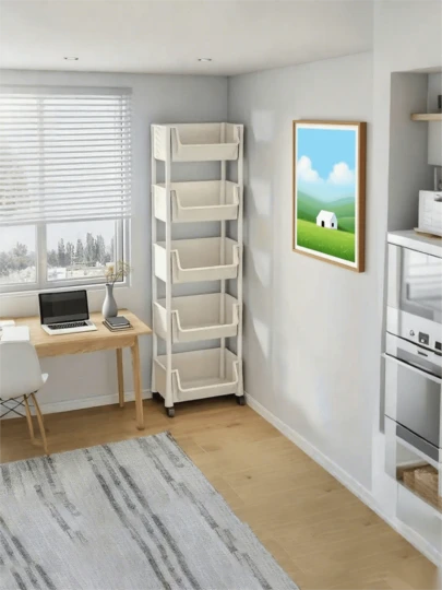 3/4/5层带轮多用途推车、紧凑实用的节省空间的5层收纳架、模块化可拆卸储物架、带轮子的滚动塑料储物车、多功能厨房和办公室用途、落地式带轮支架、滚动储物架、独立式简易家用多层收纳架、窄书架