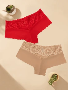 3pcs Women Sexy Lace Mid-Waist Seamless Leopard Print Breathable Panties, Slightly Small, Please Order One Size Up - Burgundy - View 2