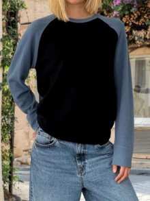 Women's Autumn Winter Knit Sweater Long Sleeve Round Neck Contrast Color Knitwear Tops - Blue - View 3