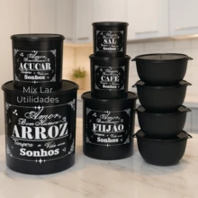 Kit Potes Para Mantimentos Cozinha Plástico 9 Peças Decorado - Preto - Visão 4