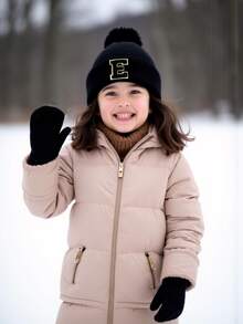 Bộ 3 món mũ và găng tay len dệt kim 26 chữ cái cho bé, mũ len mùa đông mềm mại cho bé trai và bé gái, có quả bông, găng tay cho trẻ sơ sinh, thích hợp cho bé mặc hàng ngày ngoài trời vào mùa thu/đông. - màu đen - Xem 3