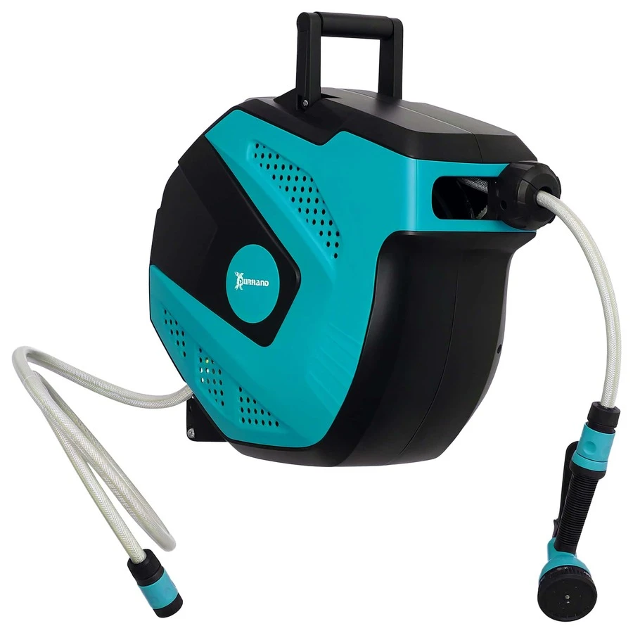 DURHAND 15m Garden Hose Reel Wall Mounted Auto Rewind With 7 Patterns Spray Nozzle, Includes Wall Fixings - Blue - View 1