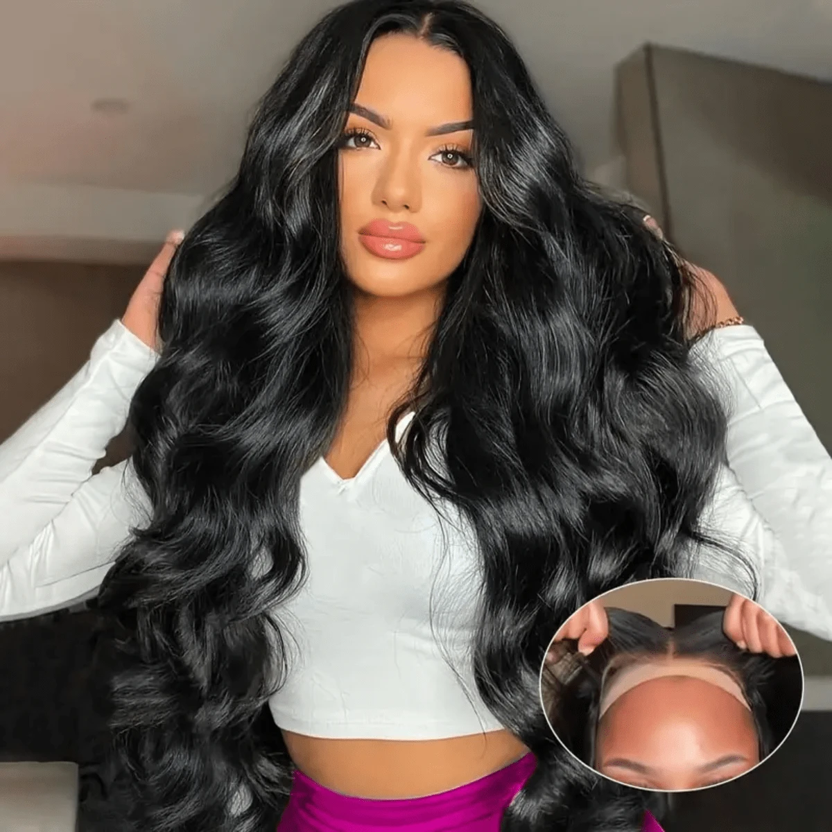 34 Inch Wear And Go Glueless Wigs Human Hair Pre Plucked Pre Cut 6x4 HD Human Hair Lace Wig Ready To Wear Body Wave Lace Front Wigs Human Hair For Women Beginners Friendly Natural Color - Natural Black - Xem 1