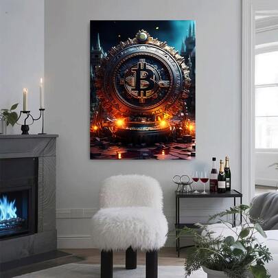 1 pieza Pintura de lienzo moderna de Bitcoin Crypto 2D/plana enmarcada, arte para decoración de sala de estar. Póster de lienzo moderno para decoración de dormitorio y sala de estar