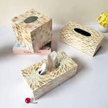 1 pièce Boîte à mouchoirs incrustée de coquillages naturels dorés, style de luxe pour le salon, la salle à manger, porte-serviettes de bureau minimaliste. Convient pour les restaurants, la maison, la chambre, le salon, la salle de bain, le Nouvel An, Halloween, cadeau de Noël