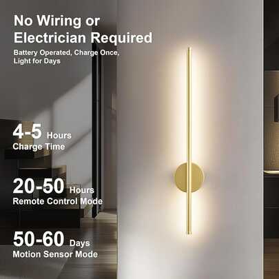 1个金色LED壁灯，带电池和遥控器，可调光，无线壁灯，适用于客厅、卧室、走廊、酒店和家居装饰。