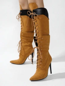 Women's Knee High Boots Pointed Toe Lace Up Stiletto Heel Yellow Boots Motorcycle Dressy Party Luxury Fashion Spring Summer Boots For Women - Màu vàng - Xem 6