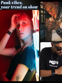 1 件朋克摇滚铆钉手链袖口，男女通用，黑色朋克哥特皮革手链，Emo 铆钉手链，可调节摇滚 80 年代 90 年代复古纽扣金属缠绕腕带，万圣节配饰 - 黑色 - 查看 4