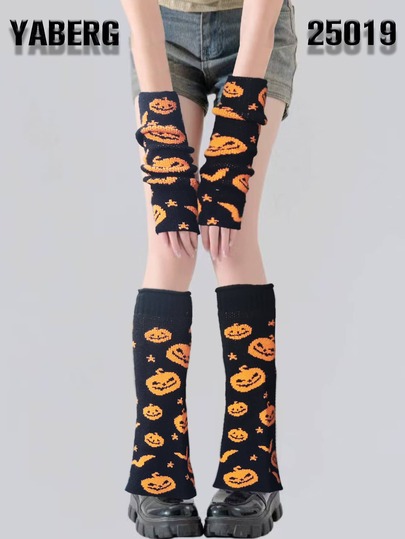 Ensemble d'Halloween Chauffe-jambes en tricot jacquard patchwork motif citrouille et chauve-souris doux, élégant et affinant, style doux