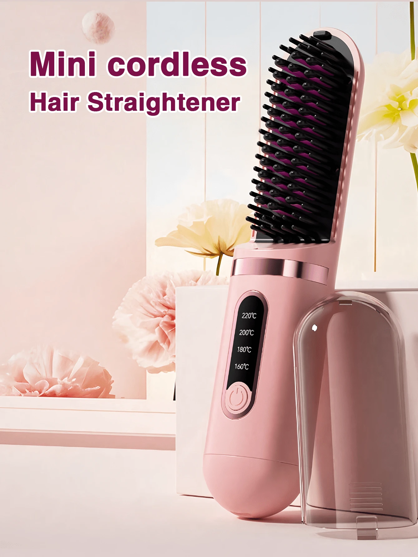 GENAI USB Rechargeable Straightening Comb - Portable Quick Heating Styling Tool With LED Display - Anti-Frizz, Suitable For Home/Travel - Black/Pink
