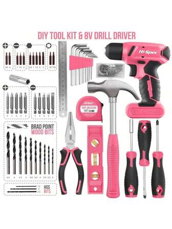 58 Pieces Pink Tool Set 8V USB Electric Screwdriver And Household Tool Kit, DIY Cordless Electric Screwdriver Household Electric Pistol Drill Pink Multi-Function Tool Box