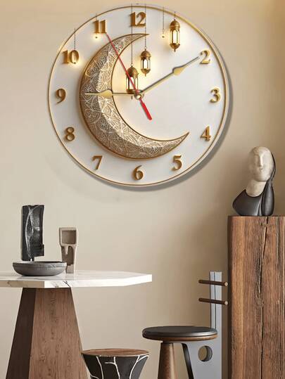 Elegante 10 12 Inch Wand Klok Crescent Moon Lantern Silent Quartz Movement, Wooden Clock, Perfect Spiritual Home Holiday Celebrations Ideas, Room view 3
