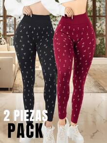 Set de 2 piezas Legging con estampado a cuadros de talle alto paquete de 2 pzas trendy Pantalones de Yoga - Naranja - Ver 1