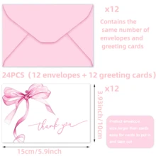 24 piezas Tarjeta de agradecimiento de lazo rosa, set con sobre y tarjeta de felicitación, tarjeta de nota en blanco para Día de San Valentín, cumpleaños, boda (12 sobres y 12 tarjetas de felicitación) - rosa - Ver 6
