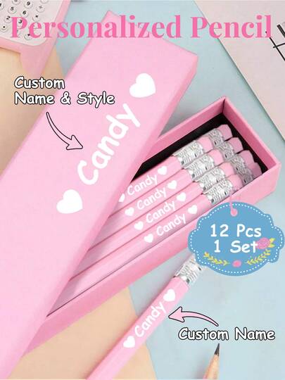 12pcs/Set Customized Name Printed Pink & Blue Pencils, Personalized Pencils Suitable For Elementary Students, School Writing And Exam Gifts, Gifts For Teachers, Back To School Gifts, Party Favors, Birthday Gifts, Corporate Gifts, Elegant Custom Pencils, Gifts For Him, Gifts For Friends, Customizable Teacher Pencils, Modern, Cute, Suitable As Birthday Gifts