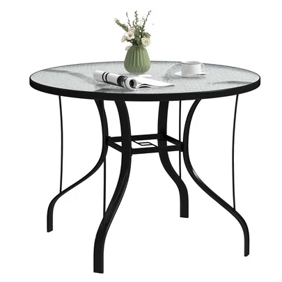  Outsunny Outdoor Dining Table With Parasol Hole, Tempered Glass Top Metal Frame Coffee Table, Round, 96.5 X 96.5 X 71 Cm