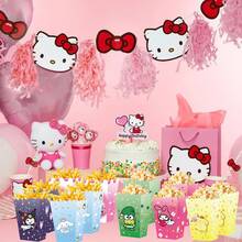 Sanrio [Caixas de Pipoca Hello Kitty] 12 caixas de pipoca Hello Kitty - Design listrado rosa e branco com motivos de coração, baldes de lanche dobráveis para festas, casamentos, aniversários, formaturas e embalagens para presentes | Design lúdico | Caixas de pipoca decorativas, para artigos de festa Hello Kitty, Natal, Halloween