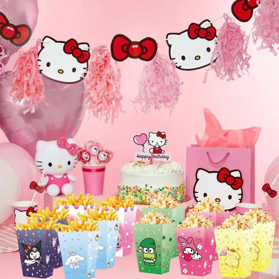 Sanrio [Caixas de Pipoca Hello Kitty] 12 caixas de pipoca Hello Kitty - Design listrado rosa e branco com motivos de coração, baldes de lanche dobráveis para festas, casamentos, aniversários, formaturas e embalagens para presentes | Design lúdico | Caixas de pipoca decorativas, para artigos de festa Hello Kitty, Natal, Halloween
