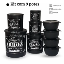 Kit Potes Para Mantimentos Cozinha Plástico 9 Peças Decorado - Preto - Visão 5