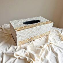 1 pièce Boîte à mouchoirs incrustée de coquillages naturels dorés, style de luxe pour le salon, la salle à manger, porte-serviettes de bureau minimaliste. Convient pour les restaurants, la maison, la chambre, le salon, la salle de bain, le Nouvel An, Halloween, cadeau de Noël