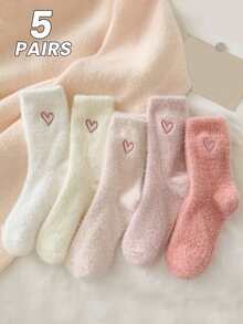 Valentine's Day Gift 5 Pairs/Pack Women's Spring, Autumn And Winter Thick Warm Fuzzy Cute Solid Color Heart-Shaped Pattern Mink Velvet Socks Simple Solid Color Mid-Tube Socks - Multicolor - View 4