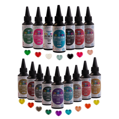 Kit de résine UV, 16 couleurs de résine rigide de type durcissant aux UV (50g chacune), résine transparente et colorée rigide à durcissement rapide et sans odeur pour la fabrication de bijoux, l'artisanat, la décoration DIY