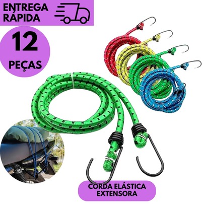 Kit 12 Corda Elástica Bagageiro Moto 1,50m x 8mm com 2 Ganchos Colorida Ideal Motoboy Forte e Seguro Reforçada para Entregas Resistente