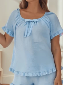 Women's Summer Lounge Set Short Sleeve Scoop Neck Ruffle Trim Tops Shorts Sleepwear - 藍色 - 查看 5