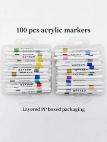 100 色亚克力马克笔套装 专业双层盒 高覆盖率手绘 DIY 绘图工具 礼盒装（100 支/50 色） - 彩色 - 查看 2