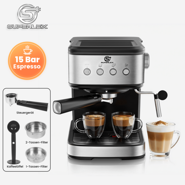 SUPERLEX 6-in-1-Kaffeemaschine, Extraktionskaffeemaschine mit Aufschäumer, 1,5-l-Filterkaffeemaschine für 2 Tassen Kaffee gleichzeitig, Espressomaschine mit One-Touch-Bedienung, Cappuccino-Kaffeemaschine mit 15-bar-Druck, Heißkaffee- und Eiskaffeemaschine für gemahlenen Kaffee, Extraktionskaffeemaschine, Filterkaffeemaschine mit herausnehmbarer Tropfschutzfunktion zur Vermeidung von Reinigung, doppellagiger Permanentfilter aus Edelstahl, spülmaschinenfest, tragbar für unterwegs und gemeinsame Nutzung durch mehrere Personen, geeignet für Latte, Mokka, Cappuccino