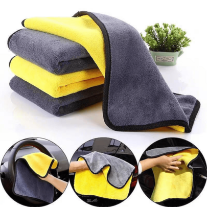 Toallas premium para lavado de autos, paños de microfibra superabsorbentes de coral de doble cara en amarillo y gris para el detallado del auto, secado y limpieza sin rayones, ultragruesas y sin pelusa.