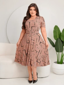 GODÊ MIDI DRESS WITH FLORAL SKIRT WITH BELT AND GEOMETRIC PRINT - Rosa - View 2