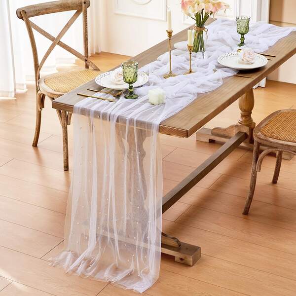 White Pearl Spring Summer Table Runner Boho Rustic Tulle Lace Mothers Day Table Runner For Baby Shower Wedding Arch Decor Veil Dessert Table Decor
